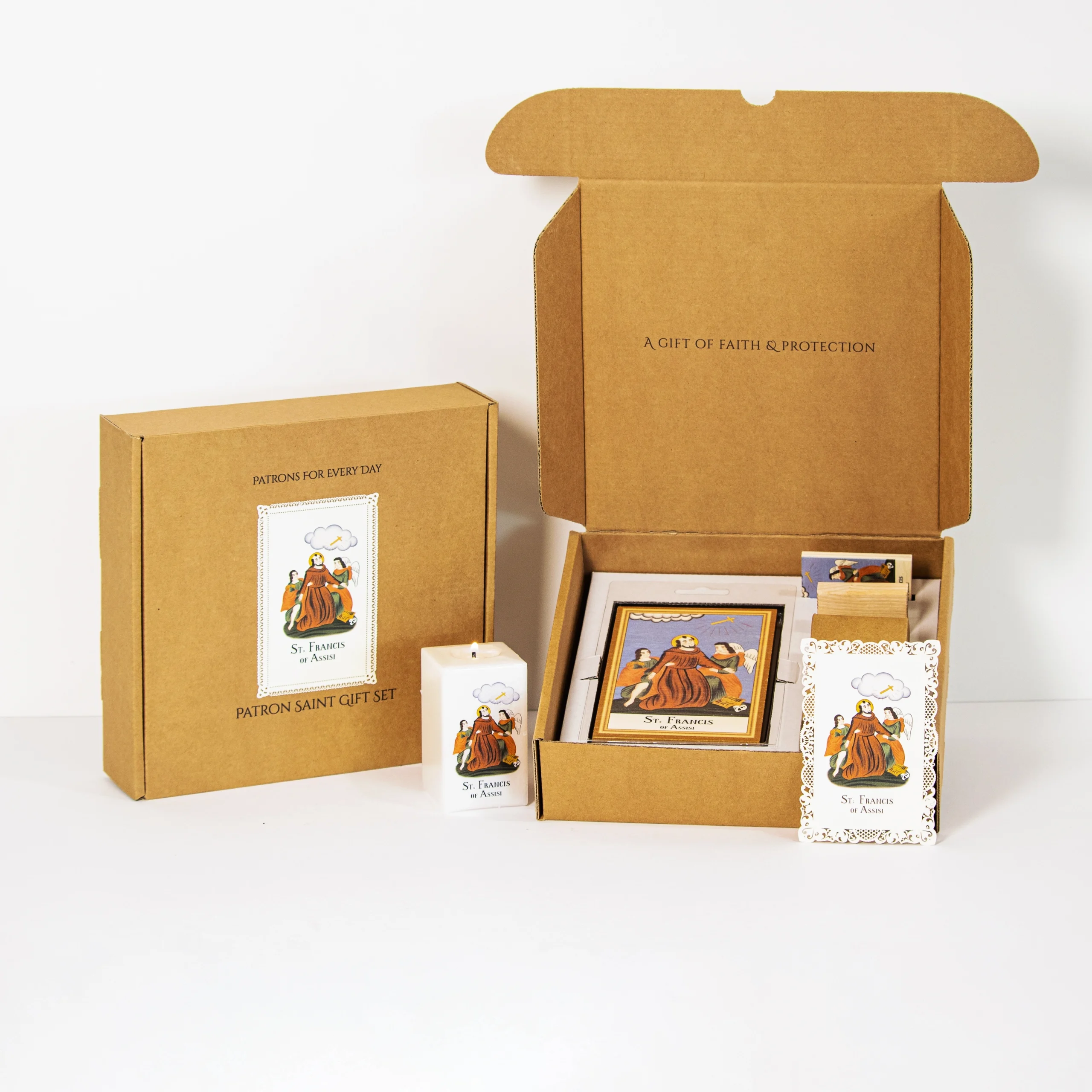 Gift Sets. Catholic patron saint gift set with wooden plaque candle magnet and prayer card.