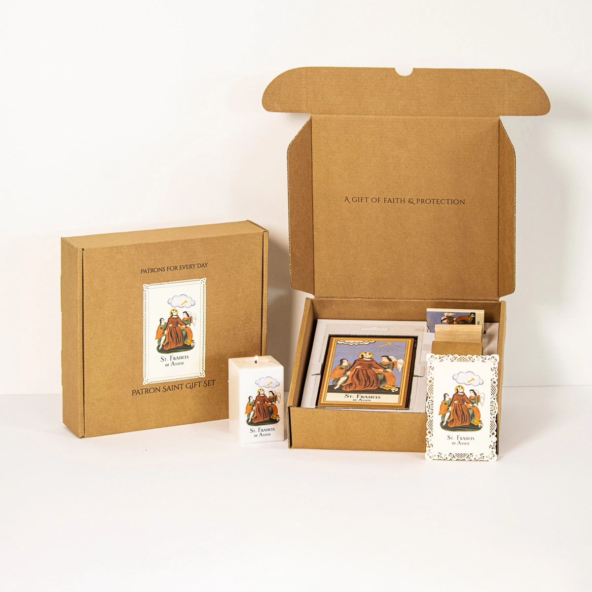 Gift Sets. Catholic patron saint gift set with wooden plaque candle magnet and prayer card.