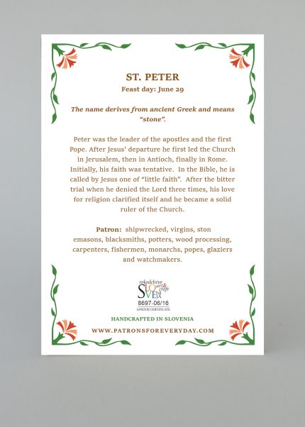 Saint Peter wooden plaque back side with printed description