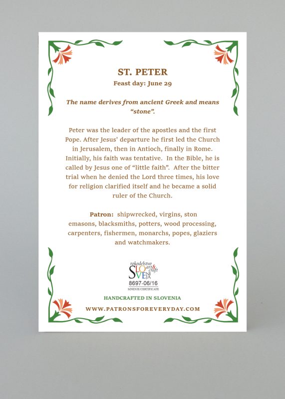 Saint Peter wooden plaque back side with printed description
