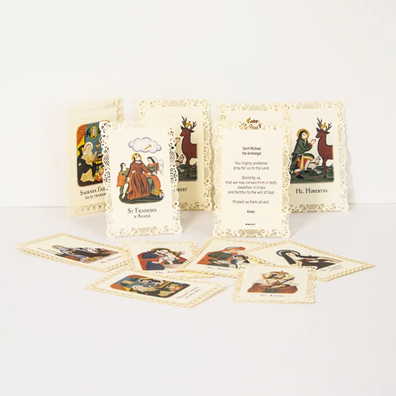 Saint Cards. Catholic saint cards with patron saint images prayer cards with lace design and printed text