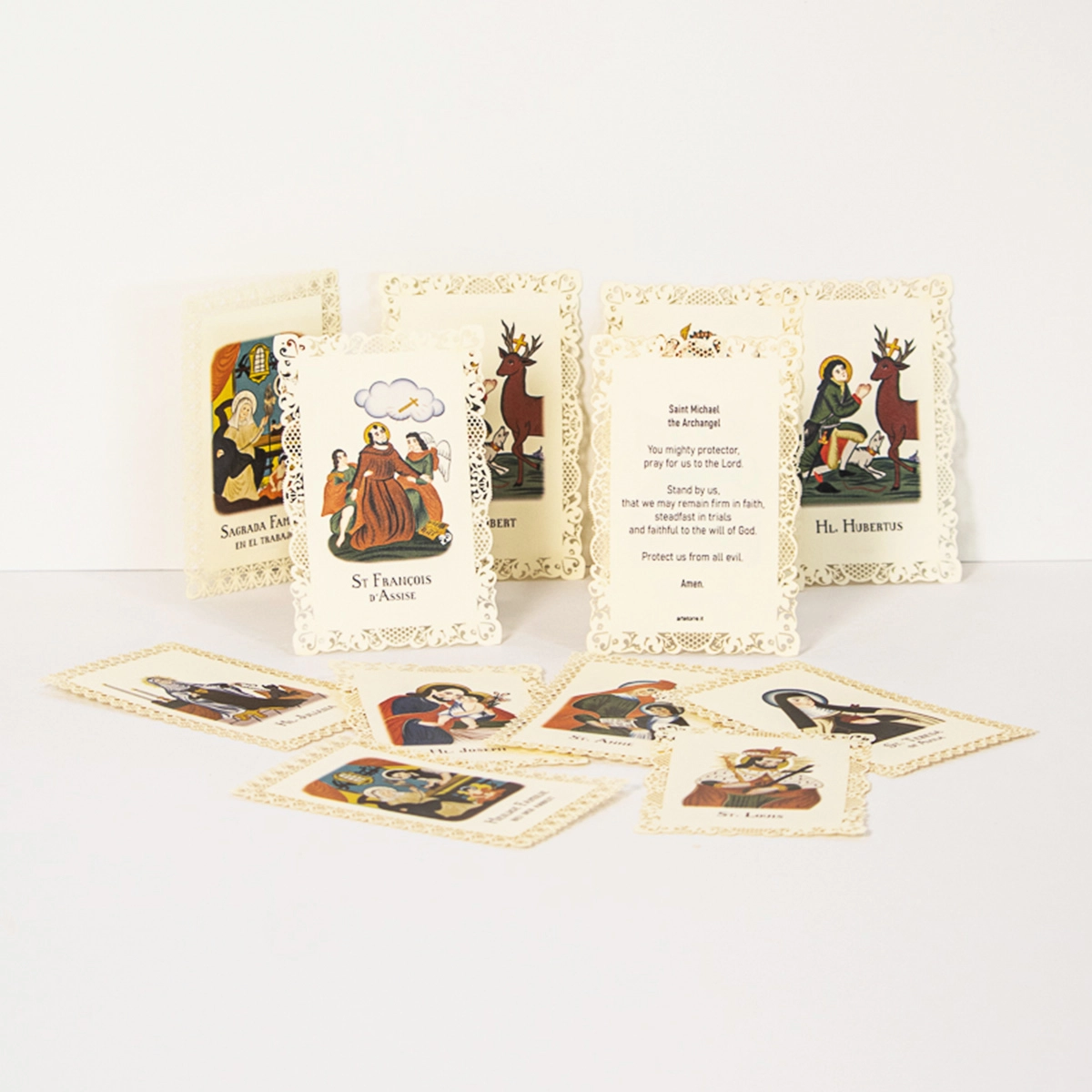 Saint Cards. Catholic saint cards with patron saint images prayer cards with lace design and printed text