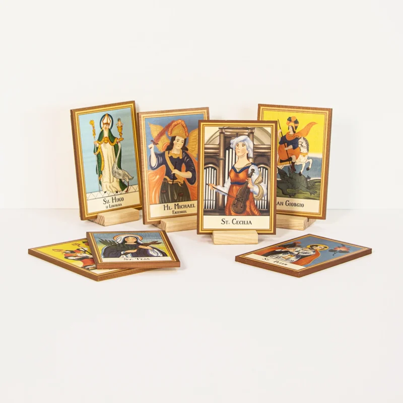 Wooden saint plaques with patron saint images on wooden stands Catholic religious wall plaques